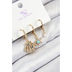 Pirinç Zirkon Taşlı 3'lü İstiridye Ve Yıldız Model Gold Renk Kadın Küpe