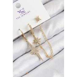 Pirinç Zirkon Taşlı 3'lü Kutup Yıldızı Model Gold Renk Kadın Küpe
