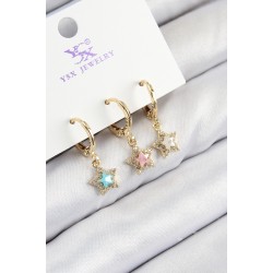 Pirinç Zirkon Taşlı 3'lü Renkli Yıldız Model Gold Renk Kadın Küpe