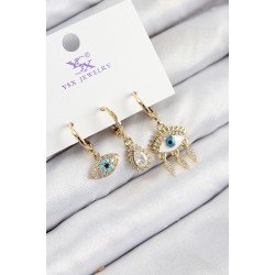 Pirinç Zirkon Taşlı 3'lü Fatma'nın Gözü Model Gold Renk Kadın Küpe