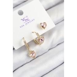 Pirinç Zirkon Taşlı 3'lü Pembe Kalp Model Gold Renk Kadın Küpe