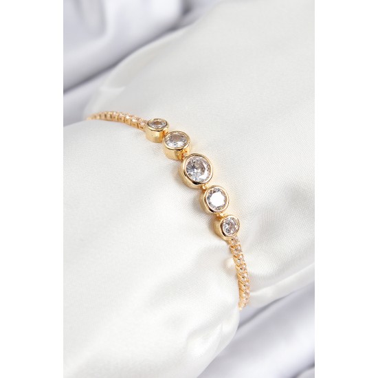 Pirinç Zirkon Taşlı Sıralı Daire Model Gold Renk Asansörlü Kadın Bileklik Pirinç Zirkon Taşlı Sıralı Daire Model Gold Renk Asansörlü Kadın Bileklik