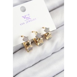 Pirinç Zirkon Taşlı 3'lü Halka Yıldız Model Gold Ve Gümüş Renk Kadın Küpe