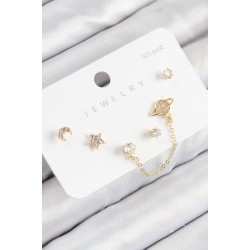 Pirinç Zirkon Taşlı Yıldız Ve Gezegen Model Gold Renk 925 Ayar Gümüş Çivi Kadın Küpe Set