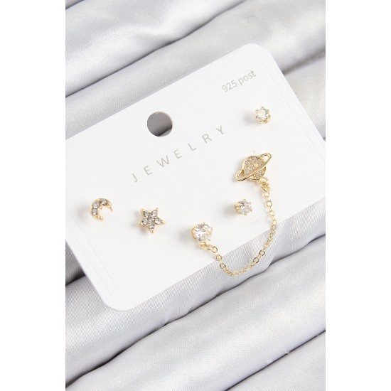 Pirinç Zirkon Taşlı Yıldız Ve Gezegen Model Gold Renk 925 Ayar Gümüş Çivi Kadın Küpe Set Pirinç Zirkon Taşlı Yıldız Ve Gezegen Model Gold Renk 925 Ayar Gümüş Çivi Kadın Küpe Set
