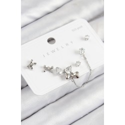 Pirinç Zirkon Taşlı Fiyonk Model Gümüş Renk 925 Ayar Gümüş Çivi Kadın Küpe Set
