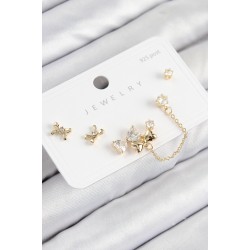 Pirinç Zirkon Taşlı Fiyonk Model Gold Renk 925 Ayar Gümüş Çivi Kadın Küpe Set