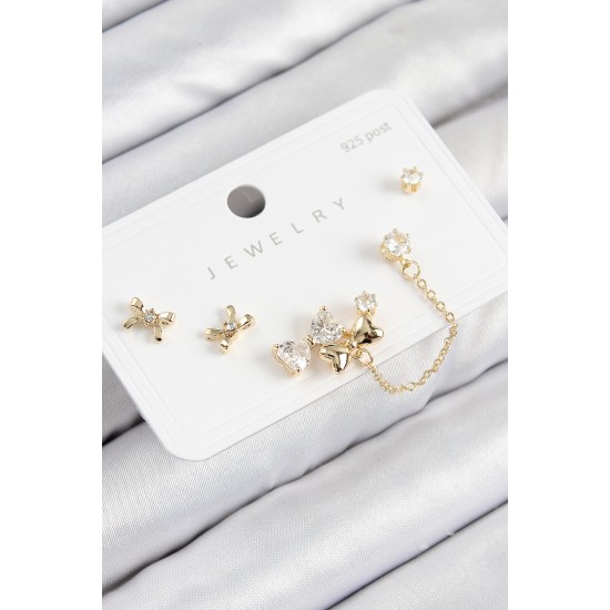 Pirinç Zirkon Taşlı Fiyonk Model Gold Renk 925 Ayar Gümüş Çivi Kadın Küpe Set Pirinç Zirkon Taşlı Fiyonk Model Gold Renk 925 Ayar Gümüş Çivi Kadın Küpe Set