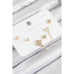 Pirinç Zirkon Taşlı Yonca Model Gold Renk 925 Ayar Gümüş Çivi Kadın Küpe Set