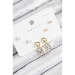 Pirinç Zirkon Taşlı Sallantılı Kare Model Gold Renk 925 Ayar Gümüş Çivi Kadın Küpe Set