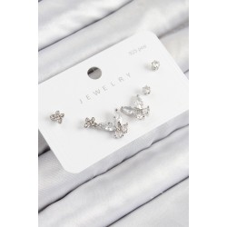 Pirinç Zirkon Taşlı Kelebek Model Gümüş Renk 925 Ayar Gümüş Çivi Kadın Küpe Set