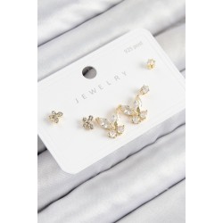 Pirinç Zirkon Taşlı Kelebek Model Gold Renk 925 Ayar Gümüş Çivi Kadın Küpe Set