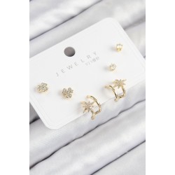 Pirinç Zirkon Taşlı Kutup Yıldızı Model Gold Renk 925 Ayar Gümüş Çivi Kadın Küpe Set