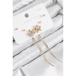 Pirinç Zirkon Taşlı Sallantılı Fiyonk Model Gold Renk 925 Ayar Gümüş Çivi Kadın Küpe Set