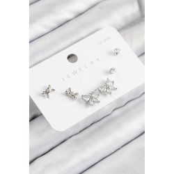 Pirinç Zirkon Taşlı Fiyonk Model Gümüş Renk 925 Ayar Gümüş Çivi Kadın Küpe Set