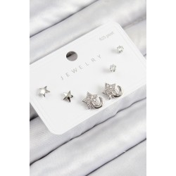 Pirinç Zirkon Taşlı Yıldız Model Gümüş Renk 925 Ayar Gümüş Çivi Kadın Küpe Set