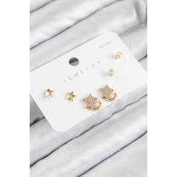 Pirinç Zirkon Taşlı Yıldız Model Gold Renk 925 Ayar Gümüş Çivi Kadın Küpe Set