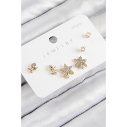 Pirinç Zirkon Taşlı Yıldız Ve Gül Model Gold Renk 925 Ayar Gümüş Çivi Kadın Küpe Set