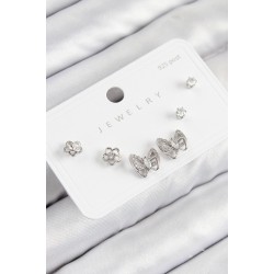 Pirinç Zirkon Taşlı Kelebek Model Gümüş Renk 925 Ayar Gümüş Çivi Kadın Küpe Set