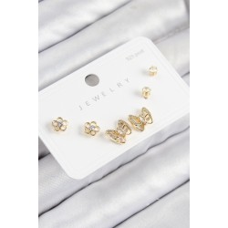 Pirinç Zirkon Taşlı Kelebek Model Gold Renk 925 Ayar Gümüş Çivi Kadın Küpe Set