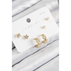 Pirinç Zirkon Taşlı Halka Model Gold Renk 925 Ayar Gümüş Çivi Kadın Küpe Set