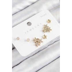 Pirinç Zirkon Taşlı Yıldız Model Gold Renk 925 Ayar Gümüş Çivi Kadın Küpe Set