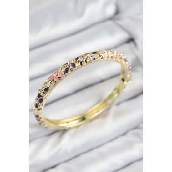 Mineli Pirinç Zirkon Taşlı Pembe Mor Çiçek Motifli Gold Kadın Kelepçe Mineli Pirinç Zirkon Taşlı Pembe Mor Çiçek Motifli Gold Kadın Kelepçe