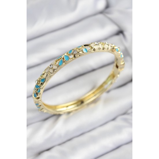 Mineli Pirinç Zirkon Taşlı Turkuaz Krem Çiçek Motifli Gold Kadın Kelepçe Mineli Pirinç Zirkon Taşlı Turkuaz Krem Çiçek Motifli Gold Kadın Kelepçe
