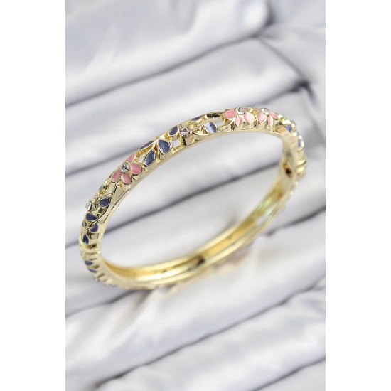 Mineli Pirinç Zirkon Taşlı Pembe Mor Çiçek Motifli Gold Kadın Kelepçe Mineli Pirinç Zirkon Taşlı Pembe Mor Çiçek Motifli Gold Kadın Kelepçe