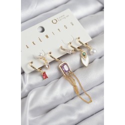 Pirinç Zirkon Taşlı Sallantılı Ve İncili Gold Renk 6'lı Küpe Set