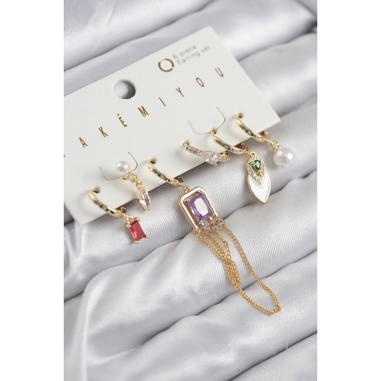 Pirinç Zirkon Taşlı Sallantılı Ve İncili Gold Renk 6'lı Küpe Set Pirinç Zirkon Taşlı Sallantılı Ve İncili Gold Renk 6'lı Küpe Set
