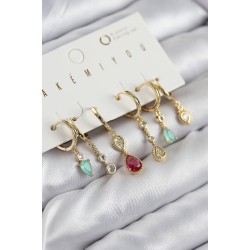 Pirinç Zirkon Taşlı Sallantılı Model Gold Renk 6'lı Küpe Set