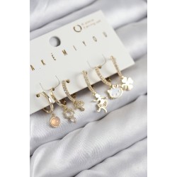 Pirinç Zirkon Taşlı Hello Kity Ve Yonca Model Gold Renk 6'lı Küpe Set