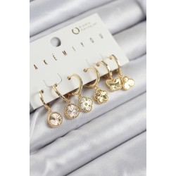 Pirinç Zirkon Taşlı Yonca Model Gold Renk 6'lı Küpe Set
