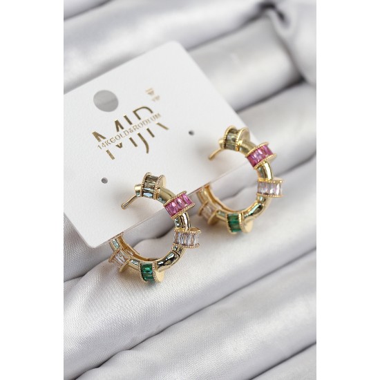 Pirinç Zirkon Taşlı Halka Model Gold Renk Kadın Küpe