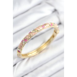 Mineli Pirinç Zirkon Taşlı Pembe Çiçek Motifli Gold Kadın Kelepçe