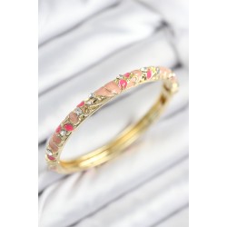 Mineli Pirinç Zirkon Taşlı Pembe Çiçek Motifli Gold Kadın Kelepçe