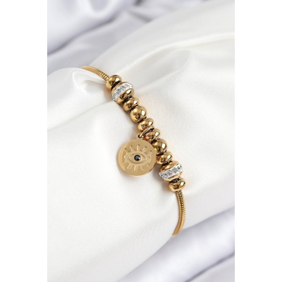 316L Çelik Zirkon Taşlı Göz Charm Model Gold Renk Kadın Bileklik 316L Çelik Zirkon Taşlı Göz Charm Model Gold Renk Kadın Bileklik