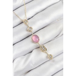 Pirinç Zincir Pembe Gold Renk Zirkon Taşlı Y Kolye