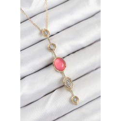 Pirinç Zincir Pembe Gold Renk Zirkon Taşlı Y Kolye