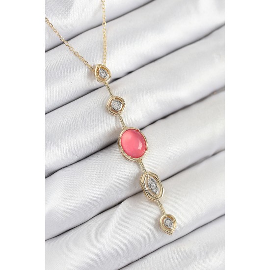 Pirinç Zincir Pembe Gold Renk Zirkon Taşlı Y Kolye