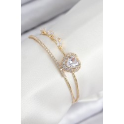 Pirinç Zirkon Taşlı Kalp Model Gold Renk Kadın Bileklik
