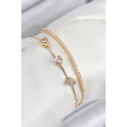 Pirinç Zirkon Taşlı Kalp Model Gold Renk Kadın Bileklik