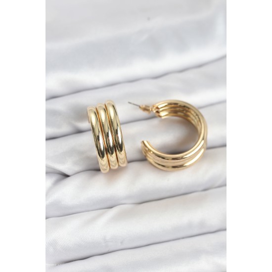 3'lü Görünüm 316L Çelik Gold Renk Kadın Küpe