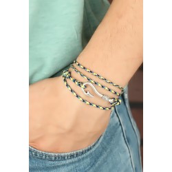 Sarı Mavi Çizgi Desenli Gümüş Renk Metal Kancalı Erkek Bileklik