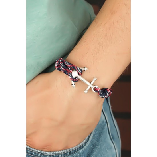 Bordo Lacivert Renk Desenli Metal Çapalı Erkek Bileklik Bordo Lacivert Renk Desenli Metal Çapalı Erkek Bileklik