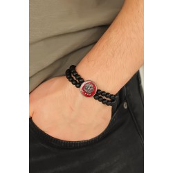 Osmanlı Tuğralı Kırmızı Metal Aksesuarlı Siyah Oniks Doğal Taş Erkek Bileklik