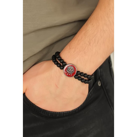 Osmanlı Tuğralı Kırmızı Metal Aksesuarlı Siyah Oniks Doğal Taş Erkek Bileklik