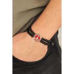Bordo Renk  Renk Metal Barış Simgesi Tasarımlı Siyah Renk Mat Oniks Doğal Taş Erkek Bileklik