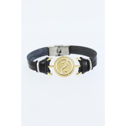 Gold Renk Yin Yang Figürlü Metal Aksesuarlı Siyah Renk Deri Erkek Bileklik